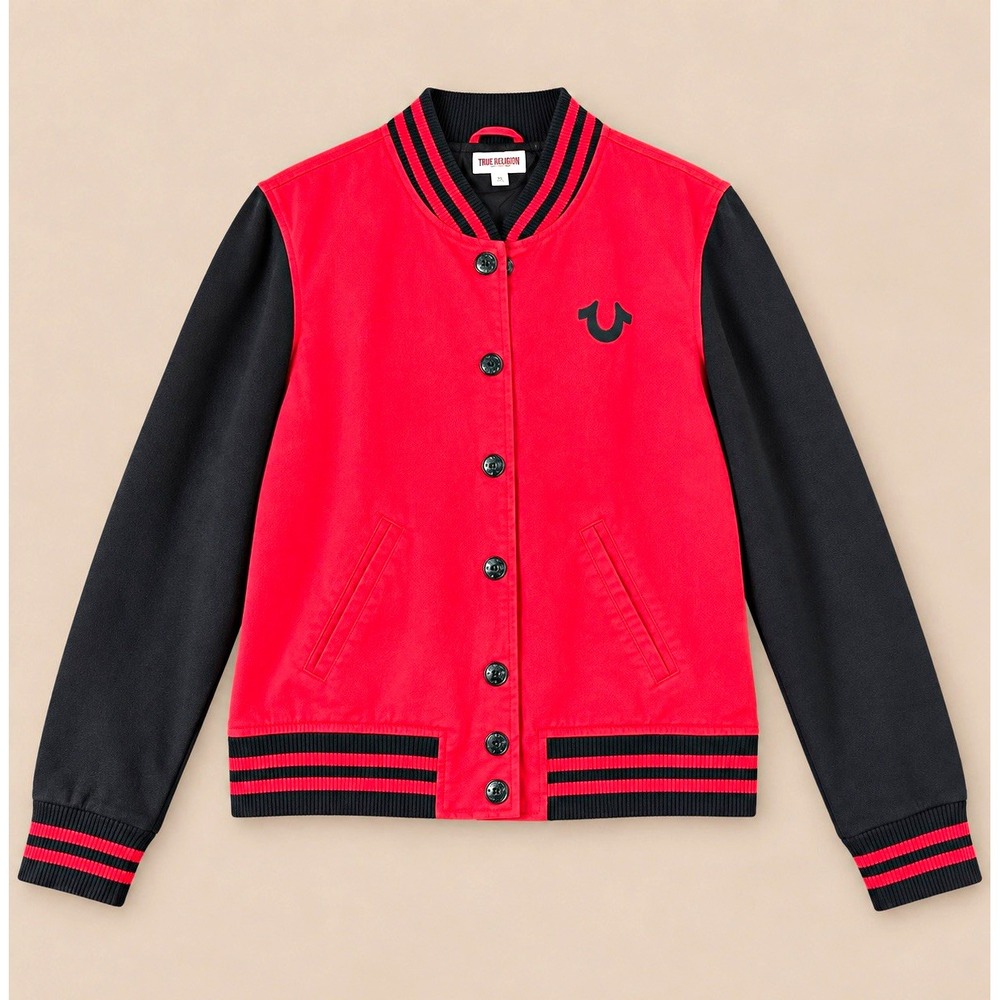 True Religion Varsity Jacket Girls XL Red Black Cotton Bomber 85B4JJ4J01400